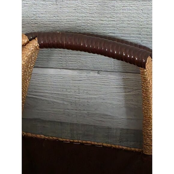 Handcrafted Straw Rattan Tote Bag 3d Floral Embroidery & Leather Wrapped Handles - Picture 4 of 11